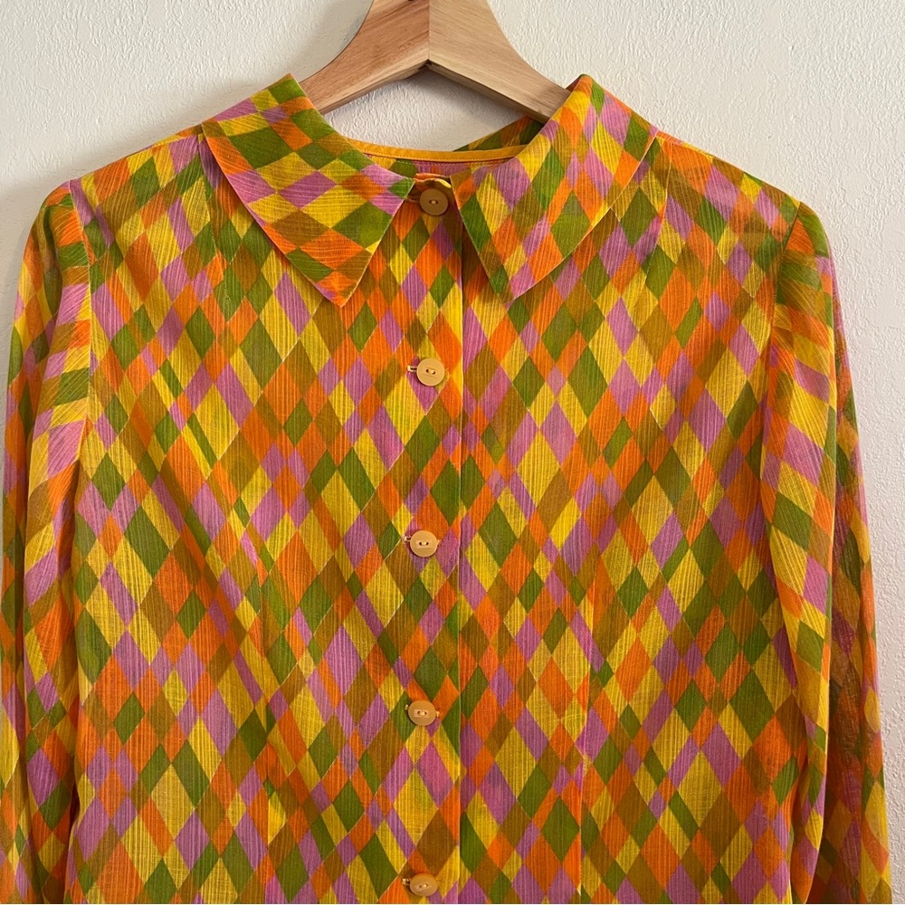 Vintage Diamond Pattern Sheer Button Up - Picture 3 of 16